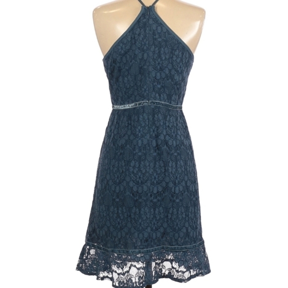 Chelsea 28 Teal Blue Lace Fit and Flare Halter Dress - Picture 2 of 8